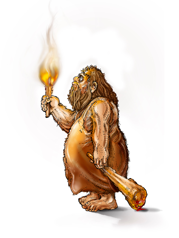 caveman with a torch and a club on a white background